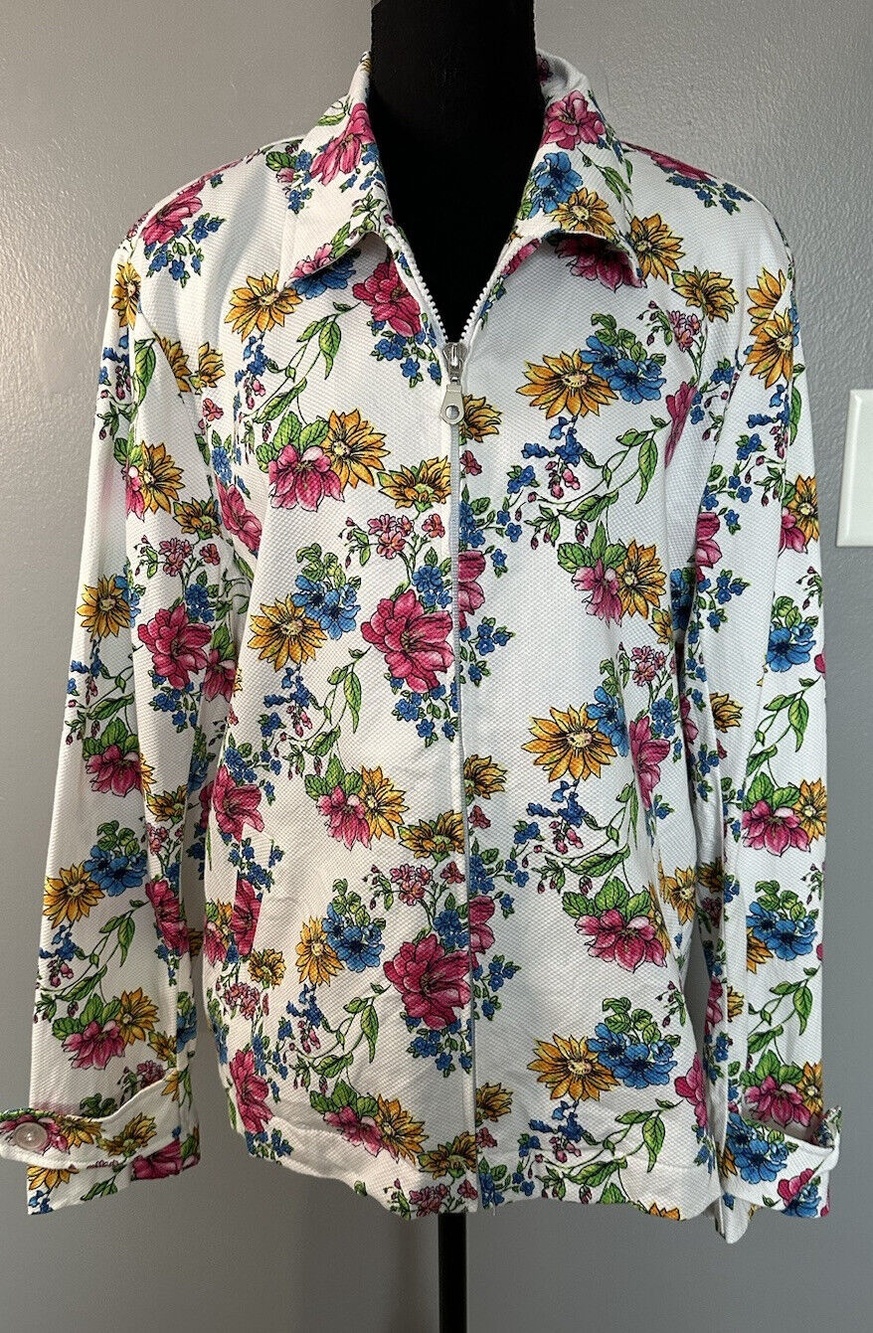 Koret White floral print Full Zip long sleeve jacket Pockets Collared Coat Sz XL